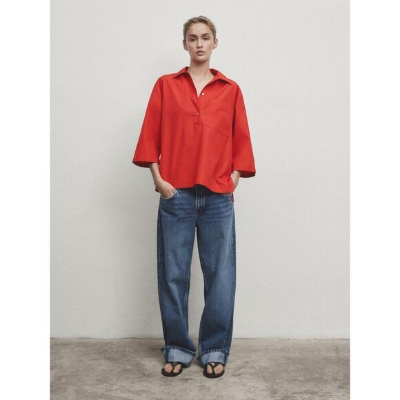 Massimo Dutti Womens Polo Shirt XS Red Relaxed Loose Fit 3/4 Sleeve 5195/557 NWT - Picture 1 of 15